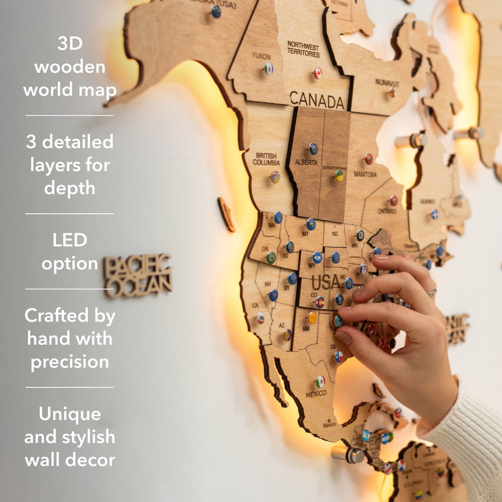 Wooden 3D LED World Map — Glow Light Wall Art