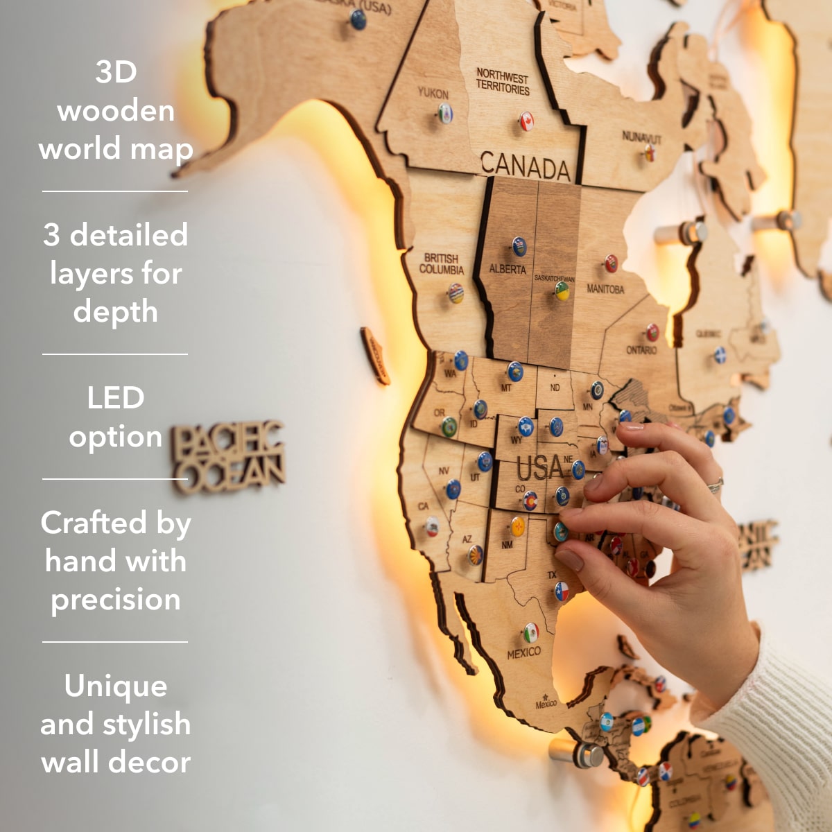 Wooden 3D LED World Map — Glow Light Wall Art