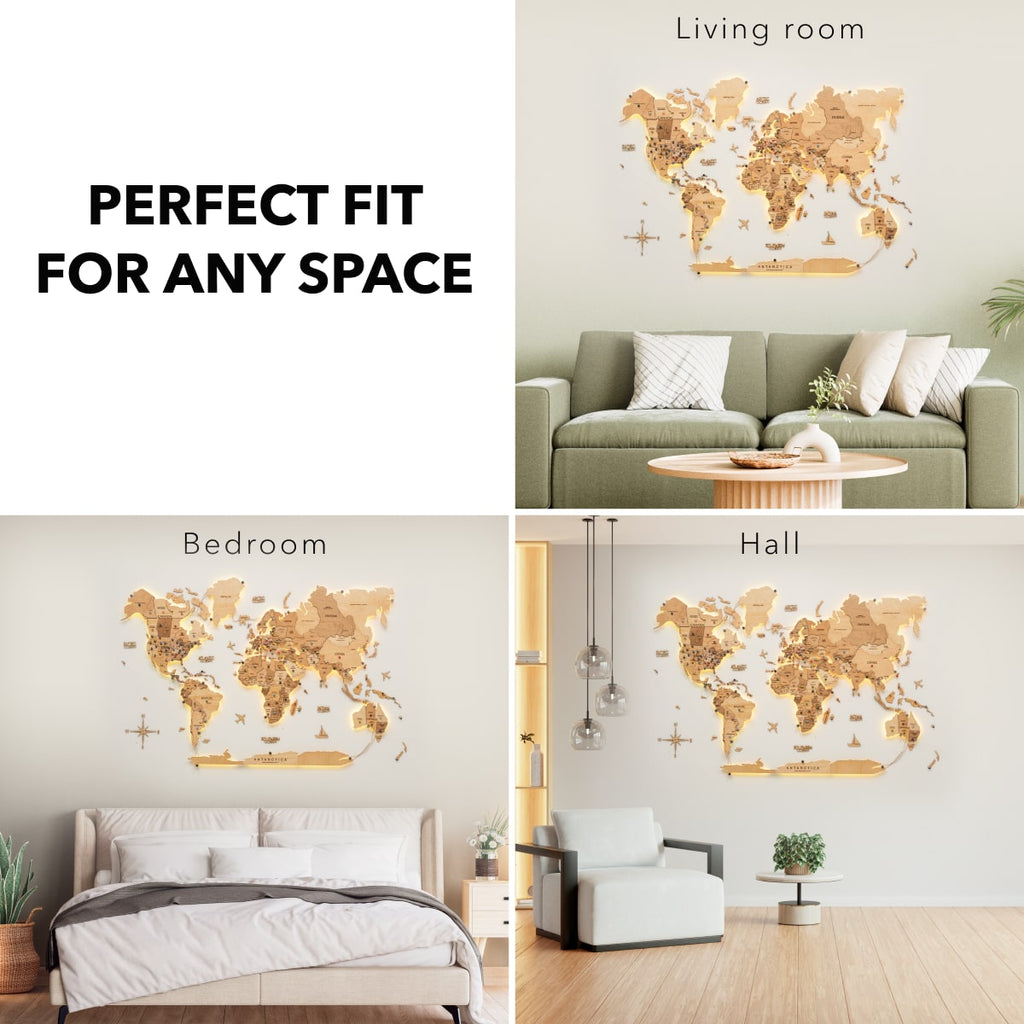 Wooden 3D LED World Map — Glow Light Wall Art